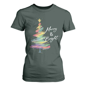 Christmas T Shirt For Women Merry And Bright Colorful Xmas Tree TS11 Dark Forest Green Print Your Wear