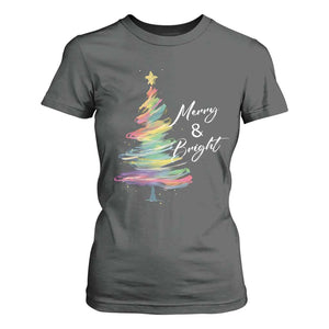 Christmas T Shirt For Women Merry And Bright Colorful Xmas Tree TS11 Dark Heather Print Your Wear