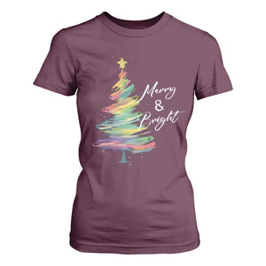 Christmas T Shirt For Women Merry And Bright Colorful Xmas Tree TS11 Maroon Print Your Wear