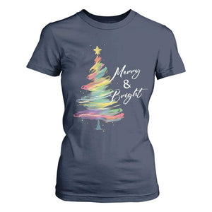 Christmas T Shirt For Women Merry And Bright Colorful Xmas Tree TS11 Navy Print Your Wear