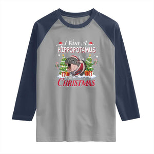 Funny Moo Deng Christmas Raglan Shirt I Want A Hippopotamus For Christmas Santa Baby Pygmy TS11 Sport Gray Navy Print Your Wear