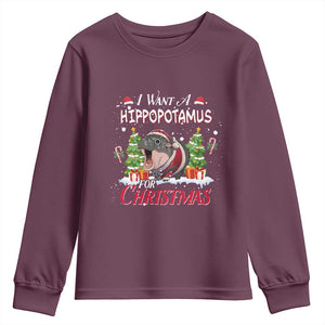 Funny Moo Deng Christmas Youth Sweatshirt I Want A Hippopotamus For Christmas Santa Baby Pygmy TS11 Maroon Print Your Wear