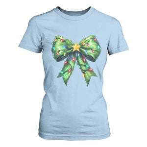 Funny Christmas Coquette T Shirt For Women Green Xmas Tree Bow TS11 Light Blue Print Your Wear