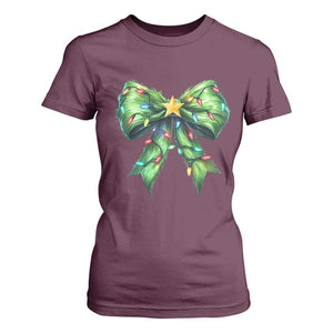 Funny Christmas Coquette T Shirt For Women Green Xmas Tree Bow TS11 Maroon Print Your Wear