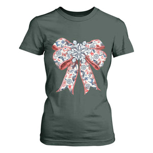 Funny Toile Folk Art Scandinavian Coquette Bow Christmas T Shirt For Women TS11 Dark Forest Green Print Your Wear