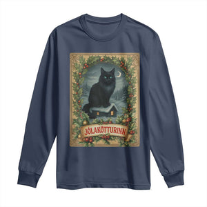 Nordic Christmas Cat Long Sleeve Shirt Jolakotturinn Yule Cat Icelandic TS11 Navy Print Your Wear