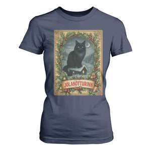Nordic Christmas Cat T Shirt For Women Jolakotturinn Yule Cat Icelandic TS11 Navy Print Your Wear