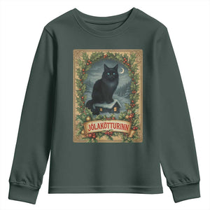 Nordic Christmas Cat Youth Sweatshirt Jolakotturinn Yule Cat Icelandic TS11 Dark Forest Green Print Your Wear