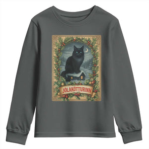 Nordic Christmas Cat Youth Sweatshirt Jolakotturinn Yule Cat Icelandic TS11 Dark Heather Print Your Wear