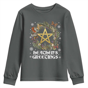 Heathens Greeting Youth Sweatshirt Pagan Christmas Wreath Yule Holiday TS11 Dark Heather Print Your Wear