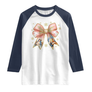 Jesus Christmas Coquette Bow Nativity Bible Verse Christian Raglan Shirt TS11 White Navy Print Your Wear