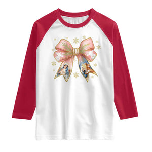 Jesus Christmas Coquette Bow Nativity Bible Verse Christian Raglan Shirt TS11 White Red Print Your Wear