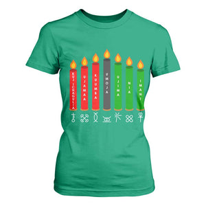 Nguzo Saba Symbols The 7 Principles Of Kwanzaa T Shirt For Women Kinara Candles Symbol TS11 Irish Green Print Your Wear