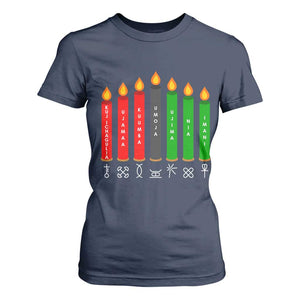Nguzo Saba Symbols The 7 Principles Of Kwanzaa T Shirt For Women Kinara Candles Symbol TS11 Navy Print Your Wear