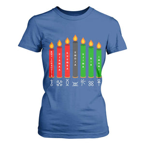 Nguzo Saba Symbols The 7 Principles Of Kwanzaa T Shirt For Women Kinara Candles Symbol TS11 Royal Blue Print Your Wear