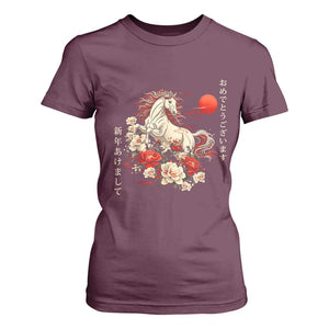 Japanese New Year 2026 T Shirt For Women Year Of The Horse Botan Flower TS11 Maroon Print Your Wear