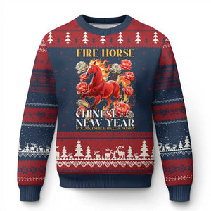 Year of The Fire Horse 2026 Ugly Christmas Sweater Chinese New Year Peony Flower TS11 Navy Red Print Your Wear