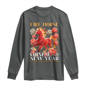 Year of The Fire Horse 2026 Long Sleeve Shirt Chinese New Year Peony Flower TS11 Dark Heather Print Your Wear