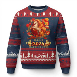 Year of The Fire Horse Ugly Christmas Sweater Funny Chinese Zodiac Lunar New Year 2026 TS11 Navy Red Print Your Wear