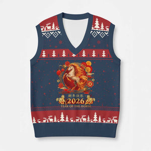Year of The Fire Horse V-Neck Knit Sweater Vest Funny Chinese Zodiac Lunar New Year 2026 TS11 Navy Red Print Your Wear