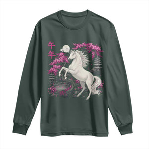 Japanese New Year 2026 Long Sleeve Shirt Year Of The Horse Sakura Cherry Blossom Shrine TS11 Dark Forest Green Print Your Wear