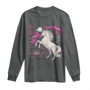 Japanese New Year 2026 Long Sleeve Shirt Year Of The Horse Sakura Cherry Blossom Shrine TS11 Dark Heather Print Your Wear
