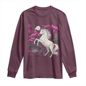 Japanese New Year 2026 Long Sleeve Shirt Year Of The Horse Sakura Cherry Blossom Shrine TS11 Maroon Print Your Wear