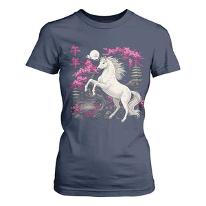 Japanese New Year 2026 T Shirt For Women Year Of The Horse Sakura Cherry Blossom Shrine TS11 Navy Print Your Wear