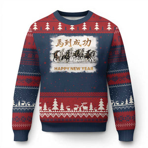 Year of The Horse 2026 Ugly Christmas Sweater Happy New Year Gallop Of The 8 Horses TS11 Navy Red Print Your Wear