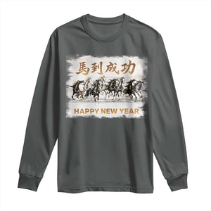 Year of The Horse 2026 Long Sleeve Shirt Happy New Year Gallop Of The 8 Horses TS11 Dark Heather Print Your Wear