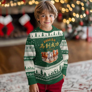 Gallop Of The 8 Horses Ugly Christmas Sweater Chinese New Year 2026 Year of The Horse TS11 Forest Green Beige Print Your Wear