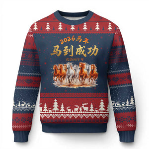 Gallop Of The 8 Horses Ugly Christmas Sweater Chinese New Year 2026 Year of The Horse TS11 Navy Red Print Your Wear