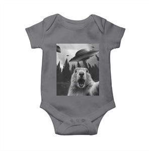 Funny Groundhog Selfie With Alien UFOs Weird Ground Hog Day Baby Onesie TS11 Charcoal Print Your Wear