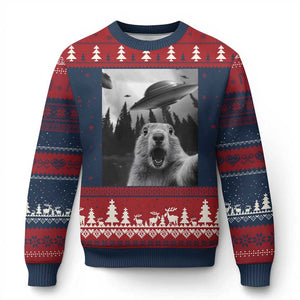 Funny Groundhog Selfie With Alien UFOs Weird Ground Hog Day Ugly Christmas Sweater TS11 Navy Red Print Your Wear