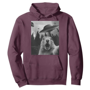 Funny Groundhog Selfie With Alien UFOs Weird Ground Hog Day Hoodie TS11 Maroon Print Your Wear