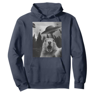Funny Groundhog Selfie With Alien UFOs Weird Ground Hog Day Hoodie TS11 Navy Print Your Wear