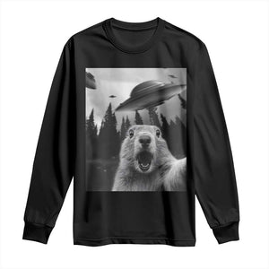 Funny Groundhog Selfie With Alien UFOs Weird Ground Hog Day Long Sleeve Shirt TS11 Black Print Your Wear