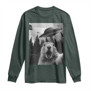 Funny Groundhog Selfie With Alien UFOs Weird Ground Hog Day Long Sleeve Shirt TS11 Dark Forest Green Print Your Wear