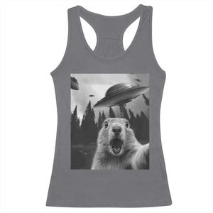Funny Groundhog Selfie With Alien UFOs Weird Ground Hog Day Racerback Tank Top TS11 Charcoal Print Your Wear