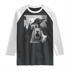 Funny Groundhog Selfie With Alien UFOs Weird Ground Hog Day Raglan Shirt TS11 Black White Print Your Wear