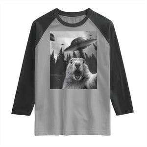 Funny Groundhog Selfie With Alien UFOs Weird Ground Hog Day Raglan Shirt TS11 Sport Gray Black Print Your Wear