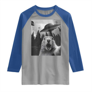 Funny Groundhog Selfie With Alien UFOs Weird Ground Hog Day Raglan Shirt TS11 Sport Gray Royal Print Your Wear
