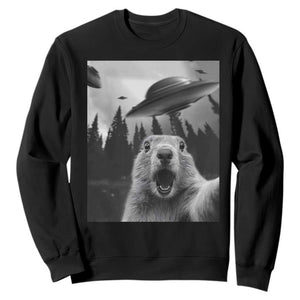 Funny Groundhog Selfie With Alien UFOs Weird Ground Hog Day Sweatshirt TS11 Black Print Your Wear