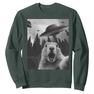 Funny Groundhog Selfie With Alien UFOs Weird Ground Hog Day Sweatshirt TS11 Dark Forest Green Print Your Wear