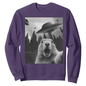 Funny Groundhog Selfie With Alien UFOs Weird Ground Hog Day Sweatshirt TS11 Purple Print Your Wear