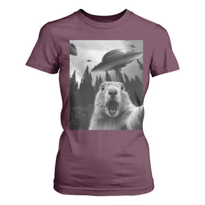 Funny Groundhog Selfie With Alien UFOs Weird Ground Hog Day T Shirt For Women TS11 Maroon Print Your Wear