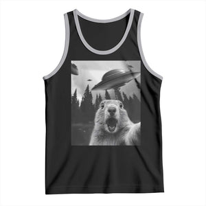 Funny Groundhog Selfie With Alien UFOs Weird Ground Hog Day Tank Top TS11 Black Athletic Heather Print Your Wear