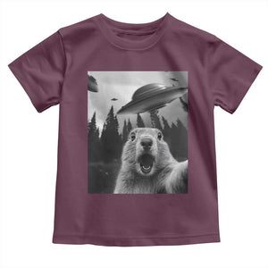 Funny Groundhog Selfie With Alien UFOs Weird Ground Hog Day Toddler T Shirt TS11 Maroon Print Your Wear