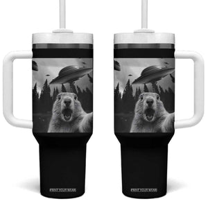 Funny Groundhog Selfie With Alien UFOs Weird Ground Hog Day Tumbler With Handle TS11 One Size: 40 oz Black Print Your Wear