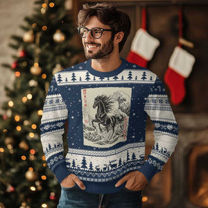 Japanese New Year 2026 Ugly Christmas Sweater Year Of The Horse Tsunami Ukiyo e Art TS11 Navy Beige Print Your Wear